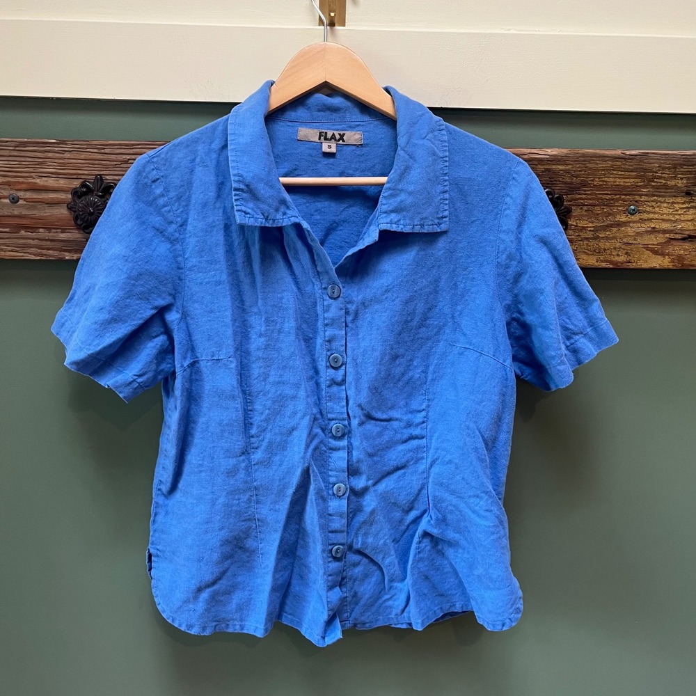Flax Women Blue 100% Linen Short Sleeve Button Down Shirt Small Lithuania